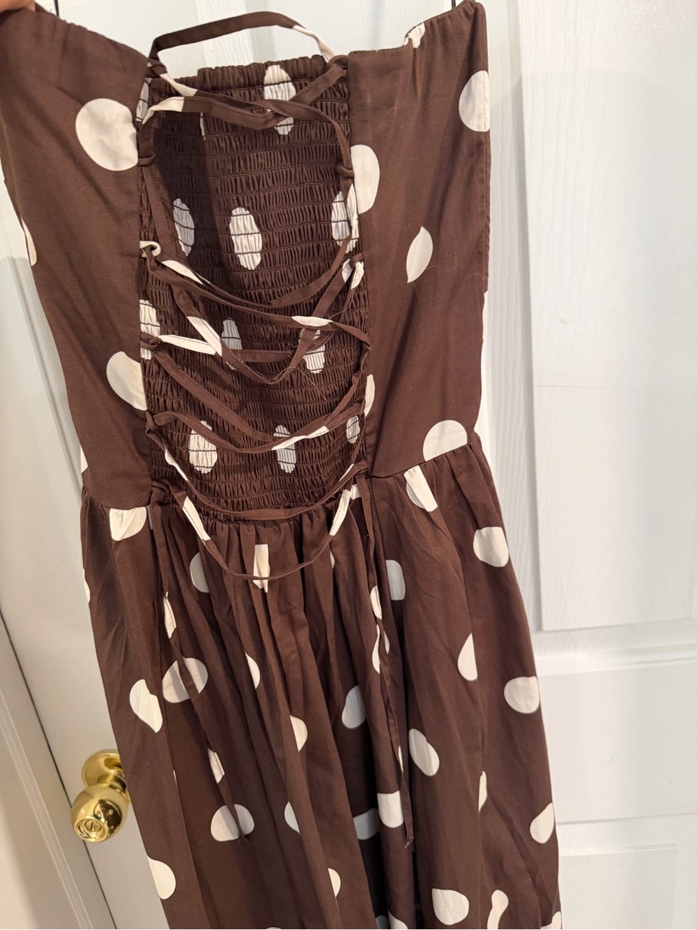 Abercrombie & Fitch Brown and White Polka Dot Strapless Midi Dress - Picture 2 of 3